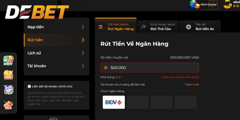 Nhập thông tin rút tiền DEBET